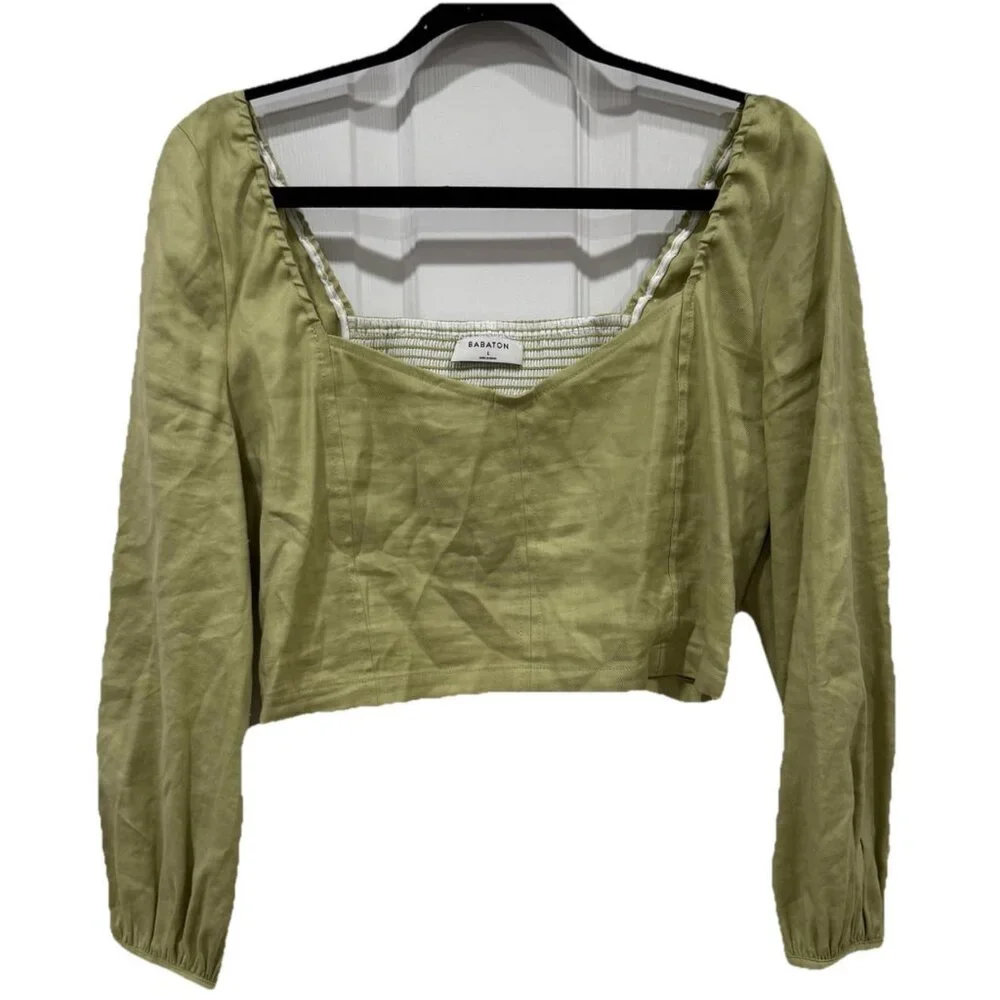 Babaton Hadwyn Rare Pistachio Green Crop Top Puff Sleeve‎ Size Large Linen Blend